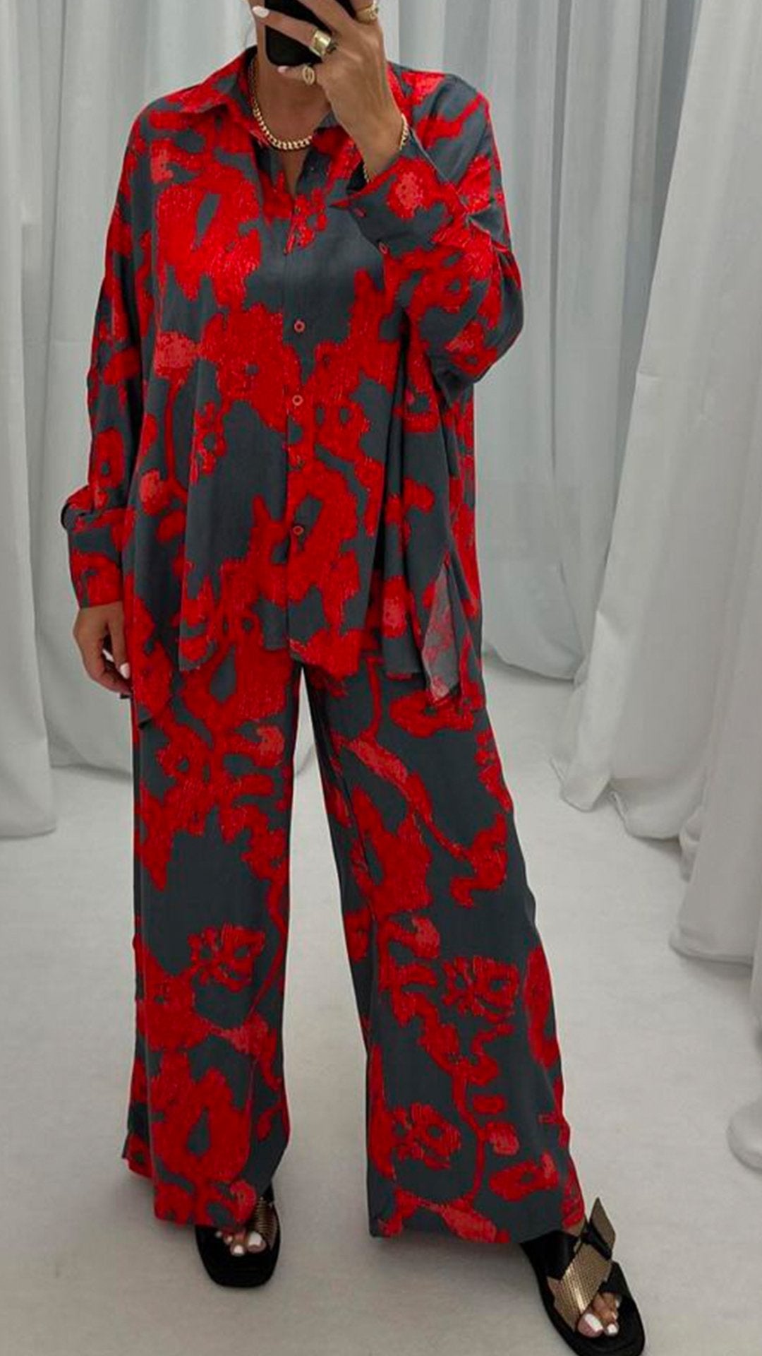 Women's Lapel Long-sleeved Printed Casual Suit red