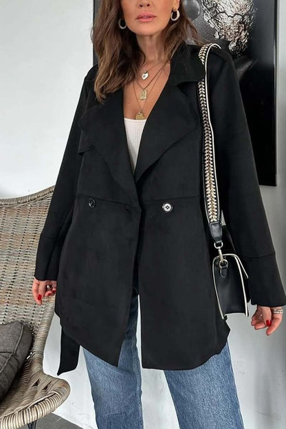 Women's Casual Waist Belted Lapel Loose Coat Black