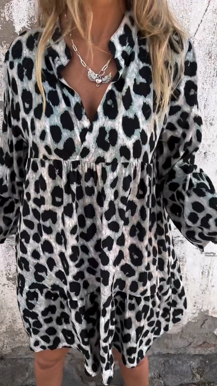 V-neck Long-sleeved Leopard Print Dress blue