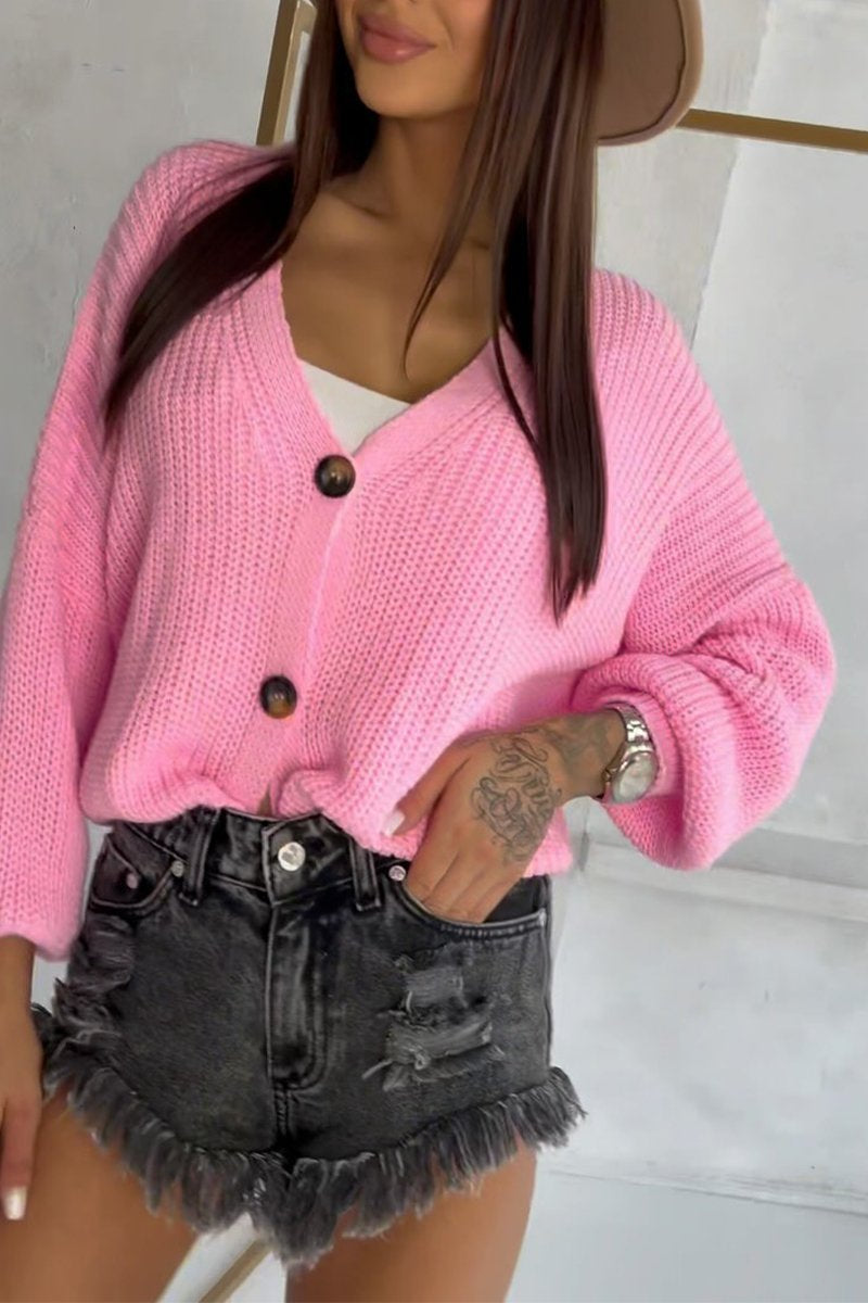 Women's Casual V-neck Single-breasted Sweater pink