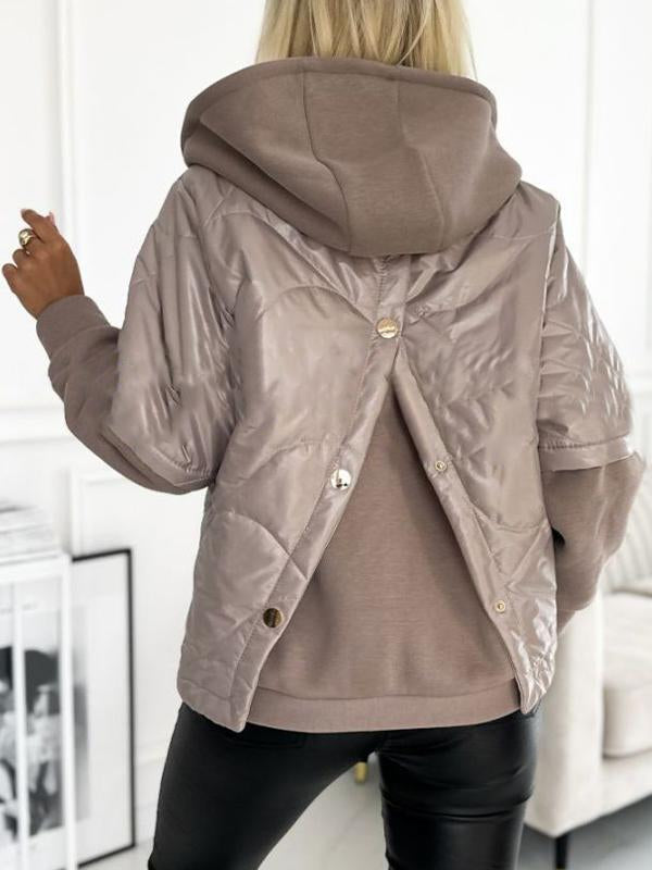 Women's Hooded Button Long Sleeve Patchwork Coat