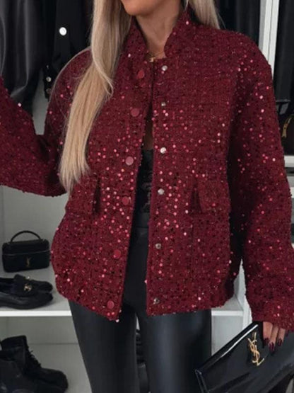 Women's Round Neck Long Sleeve Sequined Casual Coat red