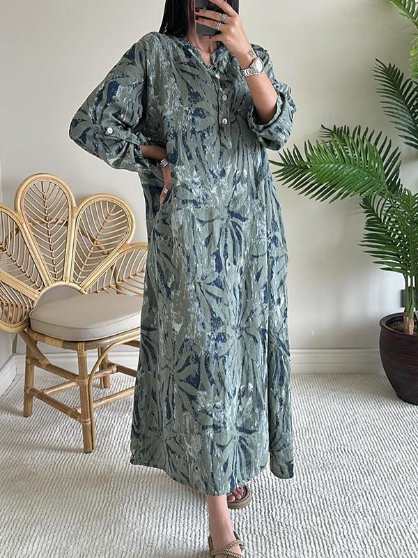 Women's V-neck Long-sleeved Printed Casual Dress green