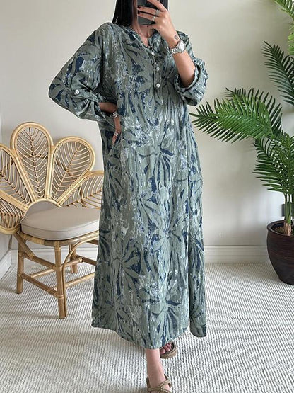 Women's V-neck Long-sleeved Printed Casual Dress green