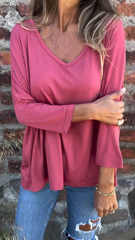 V-neck Long-sleeved Top Plum red