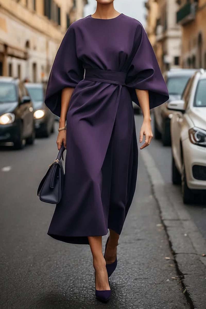 Women's Elegant Solid Color Waist Dress Purple