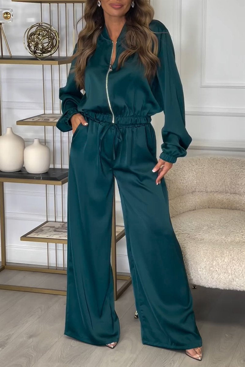 Women's Spring and Fall Casual Solid Color Short Top Jacket Elastic Trouser Suit green