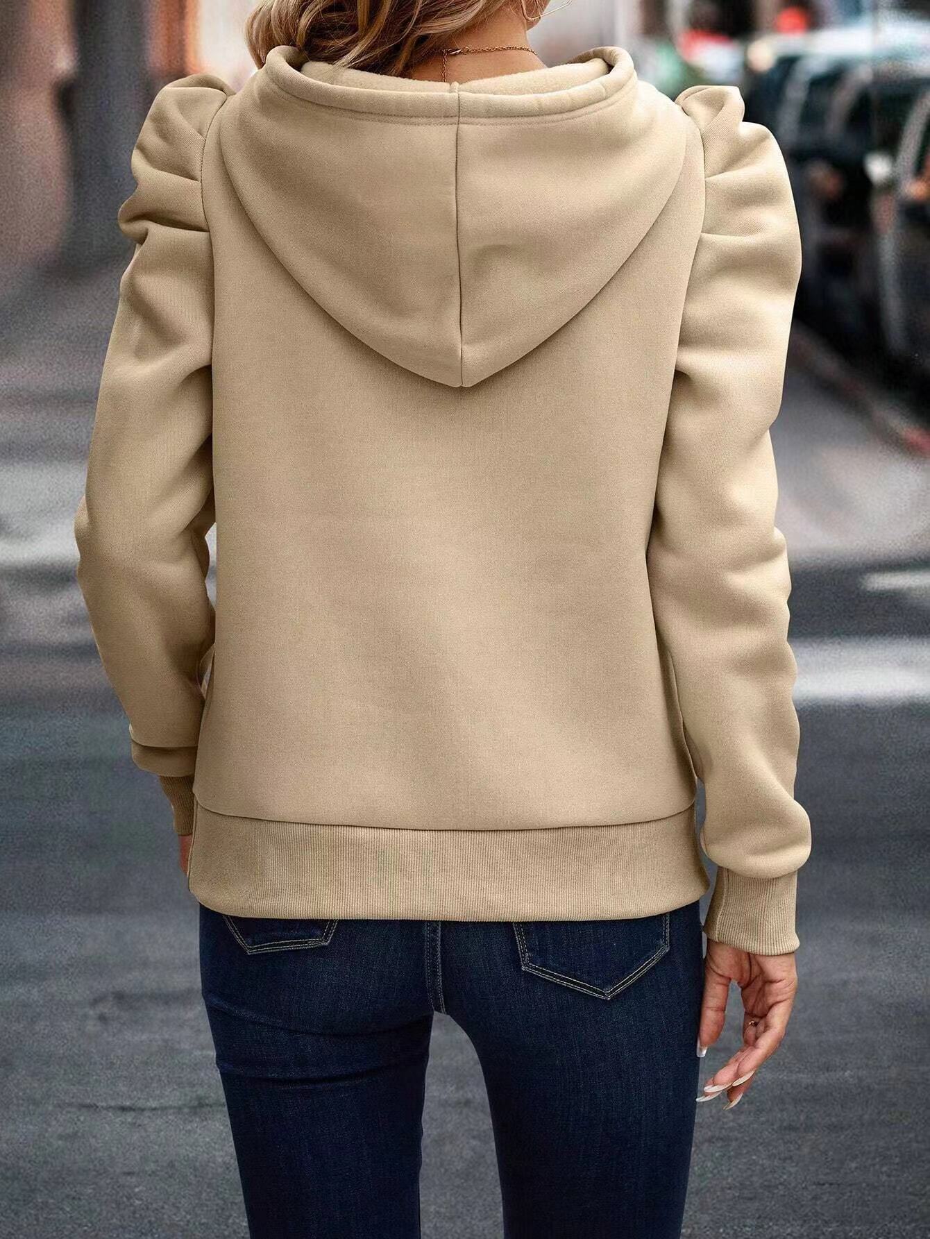 Fashionable Pile Collar Hooded Solid Color Long-sleeved Pullover Sweatshirt