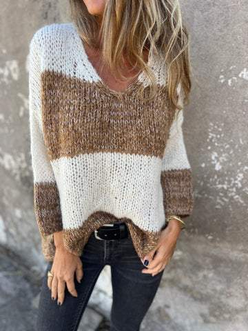 Casual V-neck Knitted Top Brown