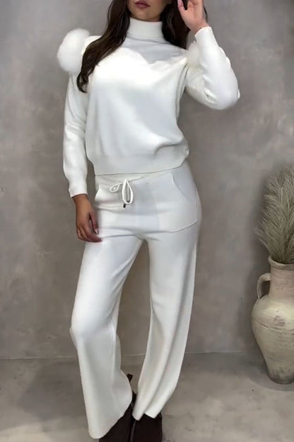 Casual Solid Color Knitted Long-sleeved Two-piece Set white