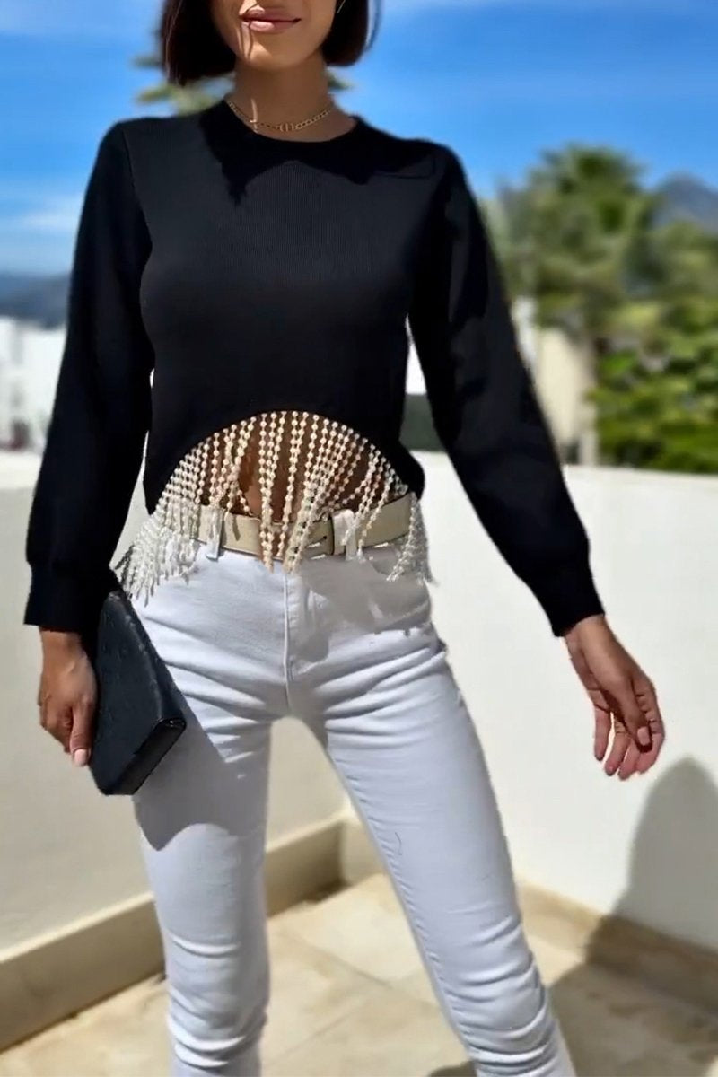 Women's Round Neck Long Sleeve Tassel Top black