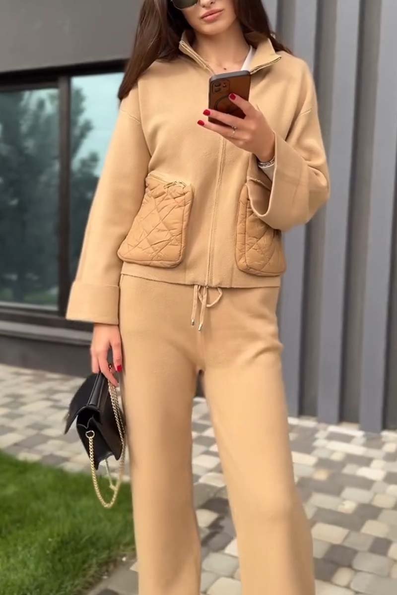 Women's casual double pocket patchwork stand collar sweater suit