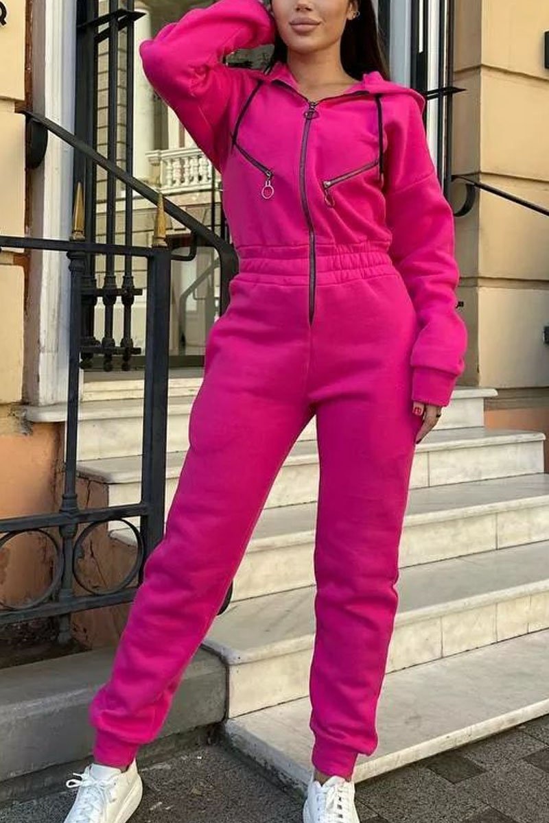 Solid Color Zipper Long Sleeve Jumpsuit pink