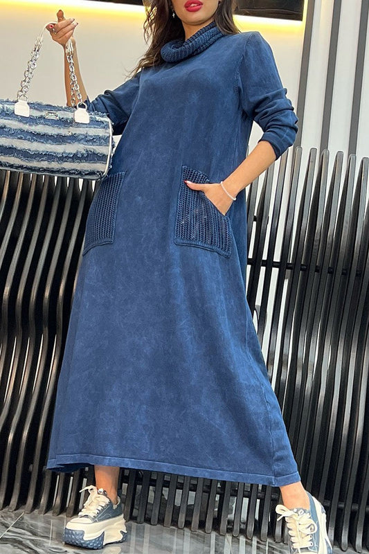 Women's Turtleneck Long Sleeve Patchwork Dress blue