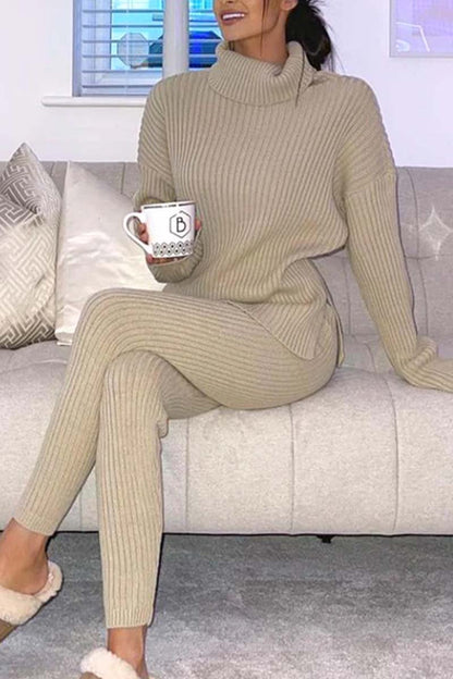 Women's casual solid color turtleneck knitted suit