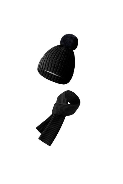 Knitted Hat, Double-layer Fleece Warm Wool Scarf, Gloves, Three-piece Set black-two-piece set One size