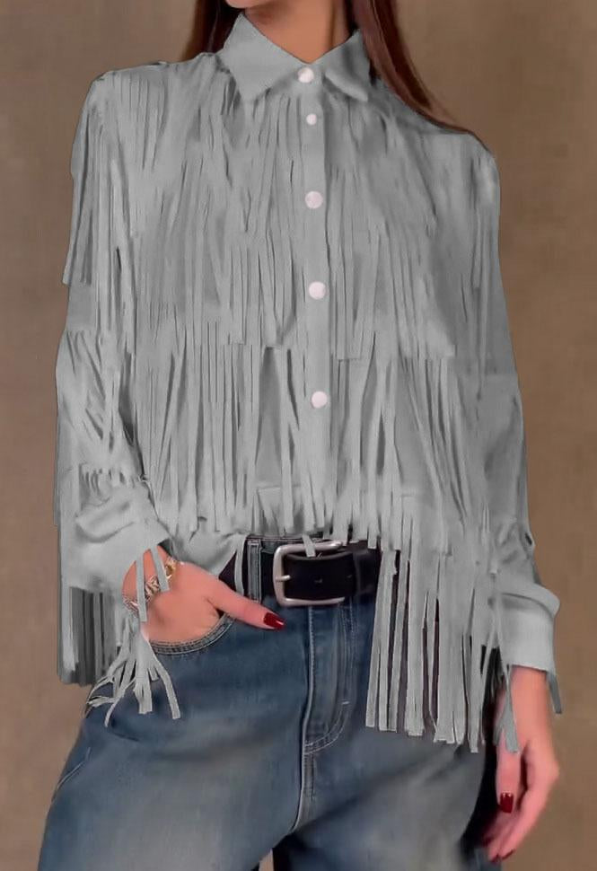 women's casual fringed shirt grey