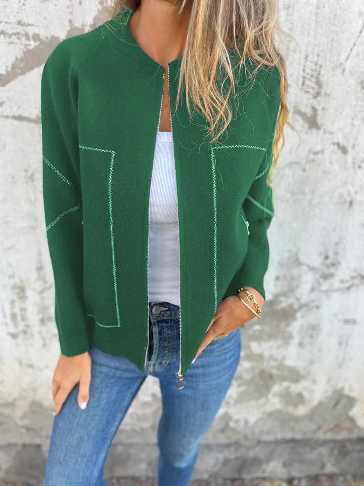 Casual Round Neck Zipper Thin Jacket green