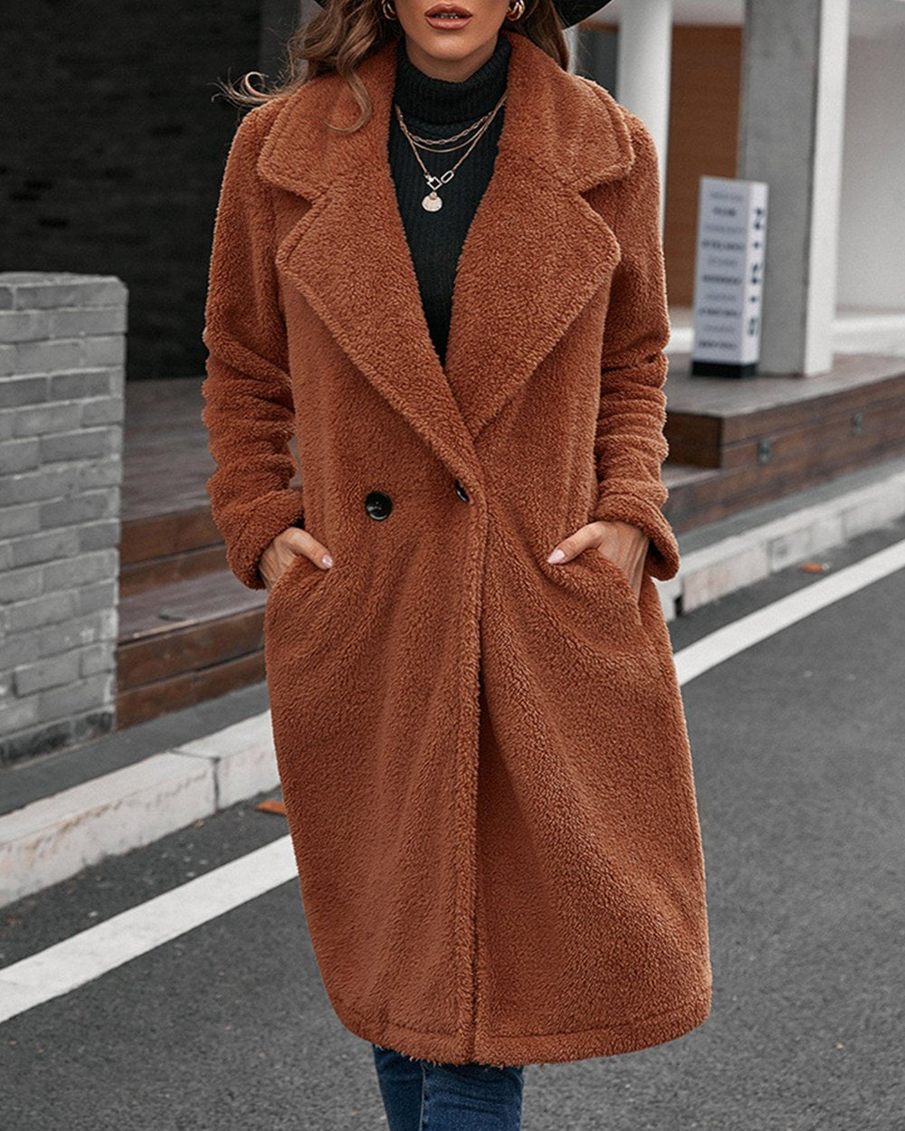 Fashion Plush Windbreaker Loose Lapel Lambswool Coat caramel