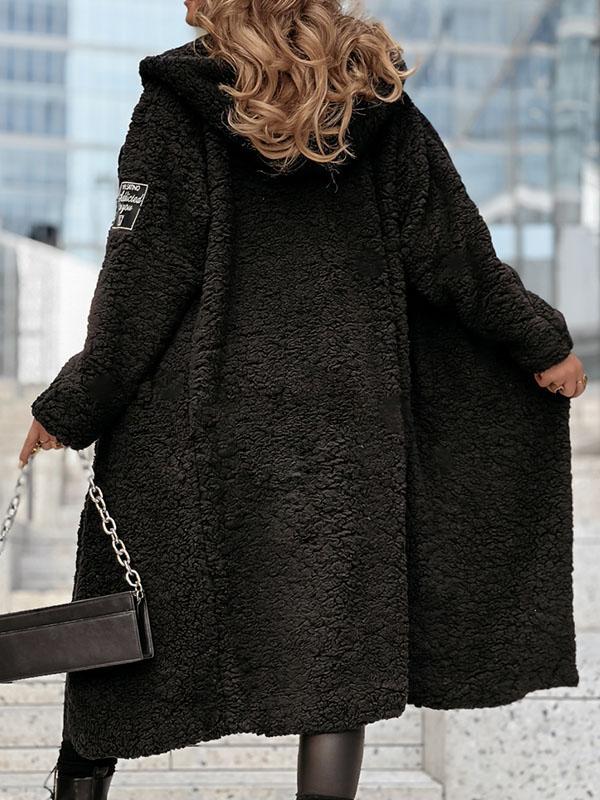 Women's Solid Color Plush Hooded Long Coat