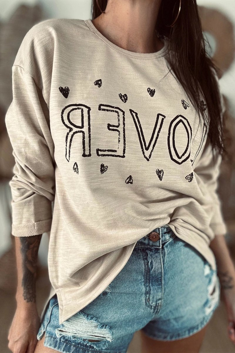 Women's Casual LOVER Printed Long-sleeved Sweatshirt Apricot