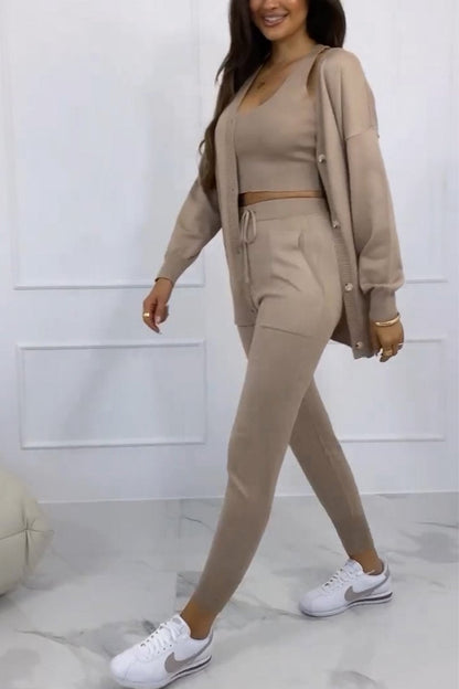 Women's Casual Square-neck Solid Color Long-sleeved Three-piece Suit khaki