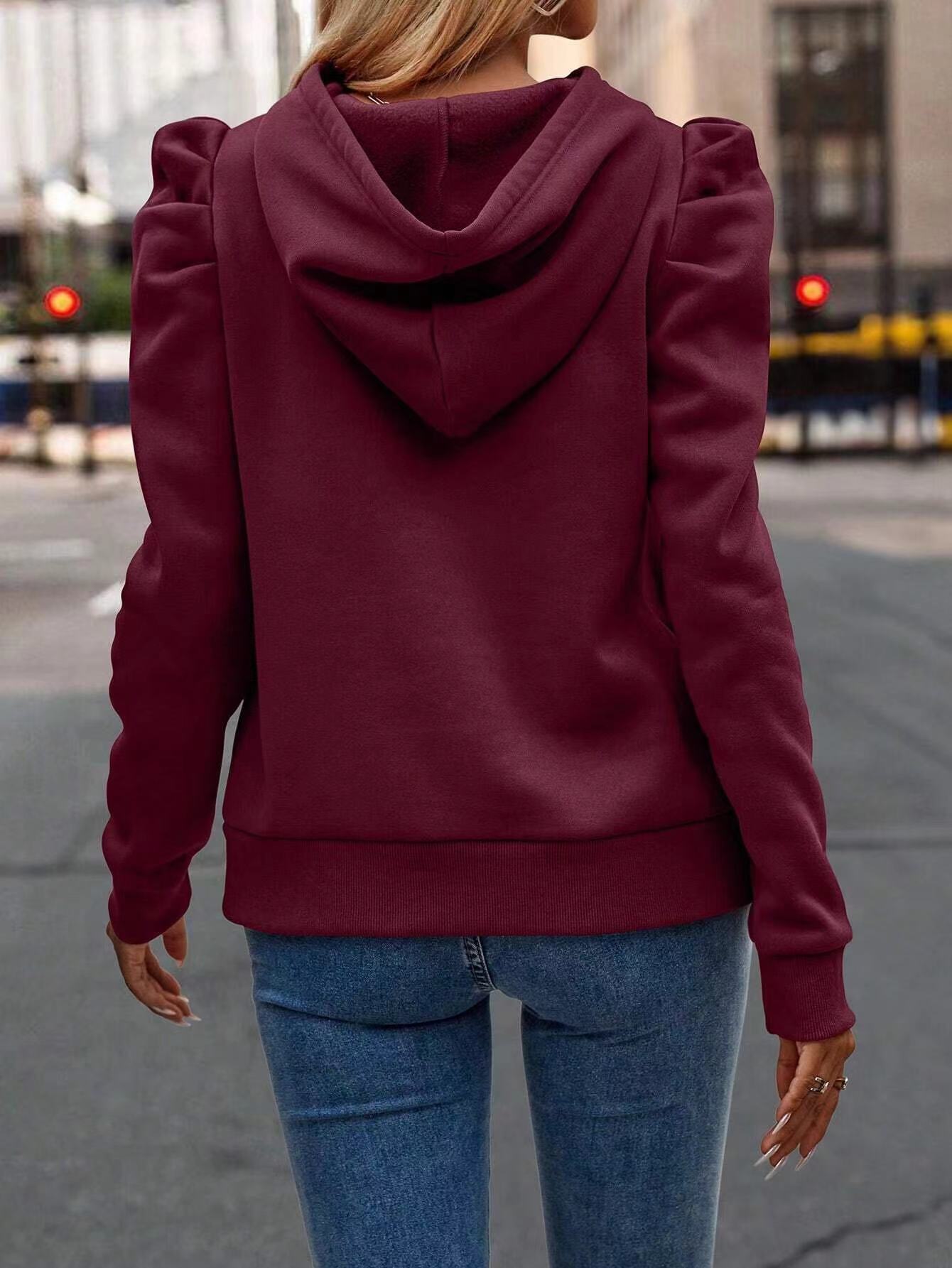 Fashionable Pile Collar Hooded Solid Color Long-sleeved Pullover Sweatshirt