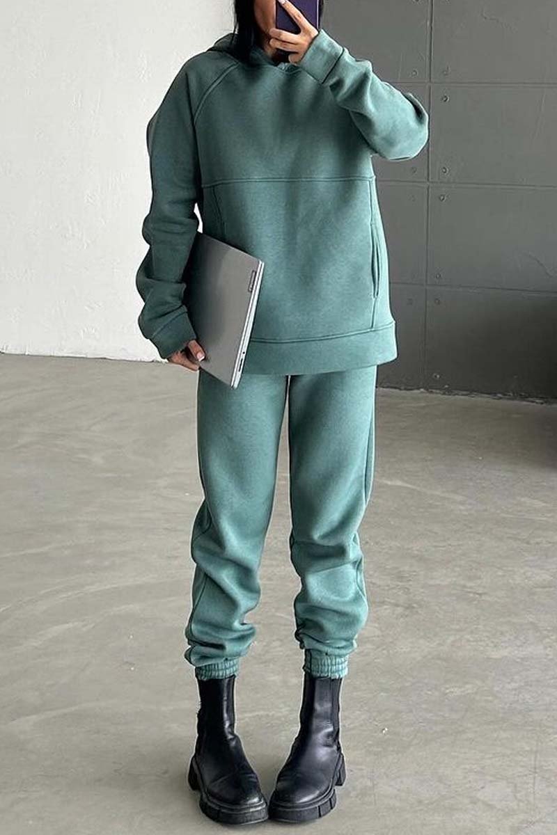 Women's casual solid color hooded sports sweatshirt suit Green