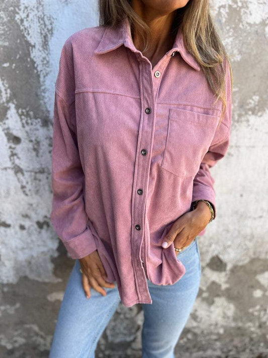 Corduroy Lapel Casual Long Sleeve Shirt pink