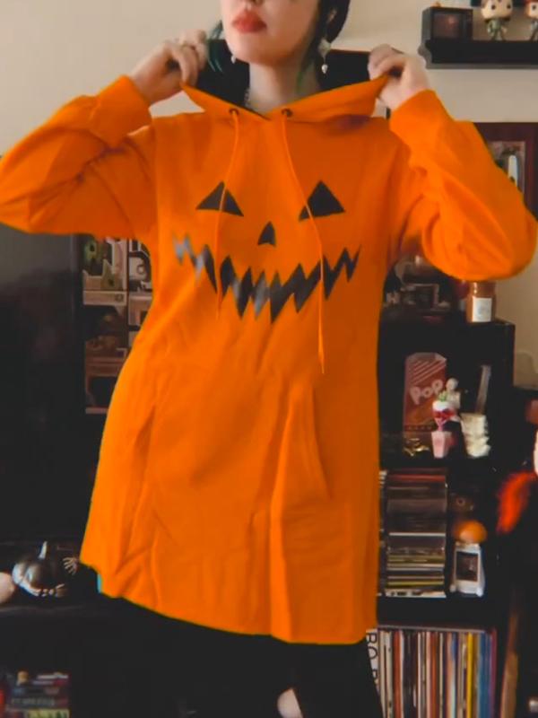 Women's Halloween Pumpkin Face Printed Hooded Sweatshirt orange