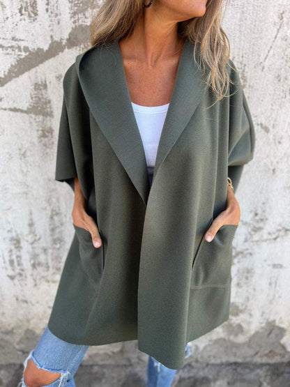 Lapel One-piece Sleeve Shawl Coat Dark green