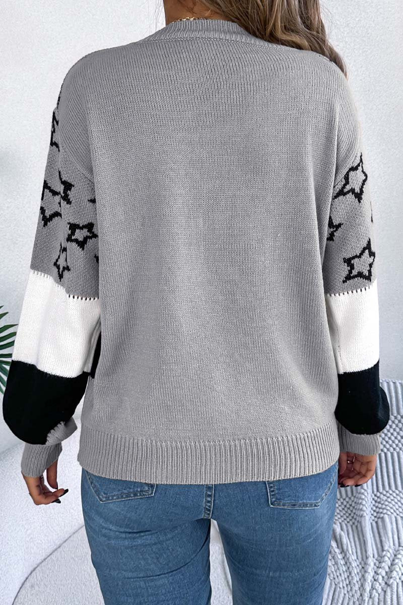 Women's casual color block star hollow lantern sleeve pullover sweater