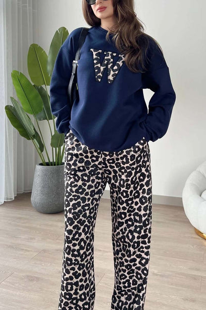 Women's Casual Leopard Print Letter Top and Leopard Print Pants Set