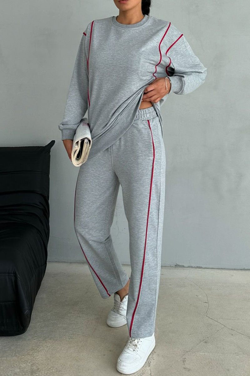 Women's Round Neck Long Sleeve Sweatshirt Two Piece Set grey