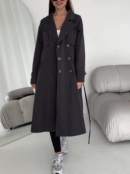 Women's Lapel Long Waist Trench Coat black