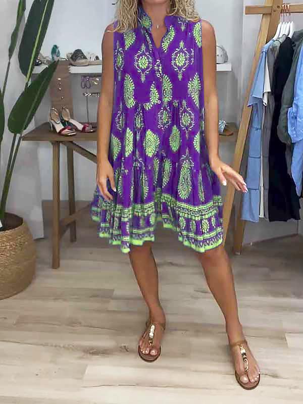 Women's V-neck Printed Short Dress purple