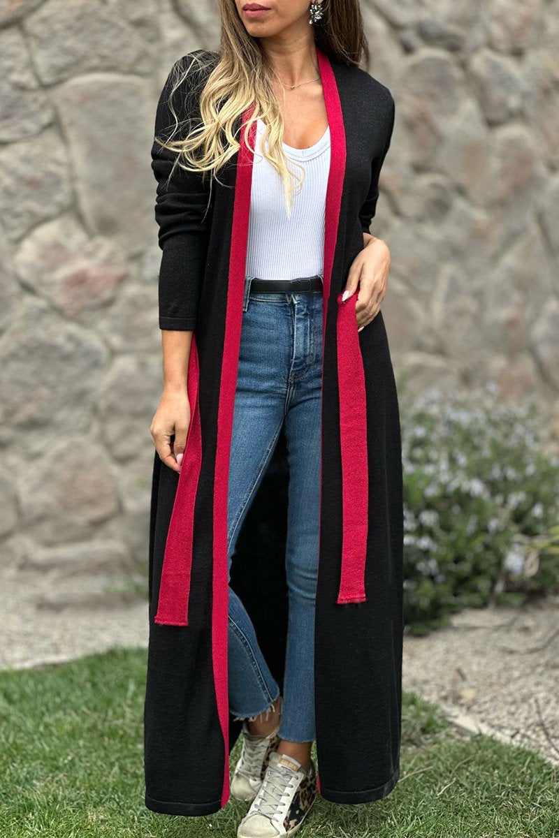 Women's Casual Contrast Color Knitted Long Cardigan Red