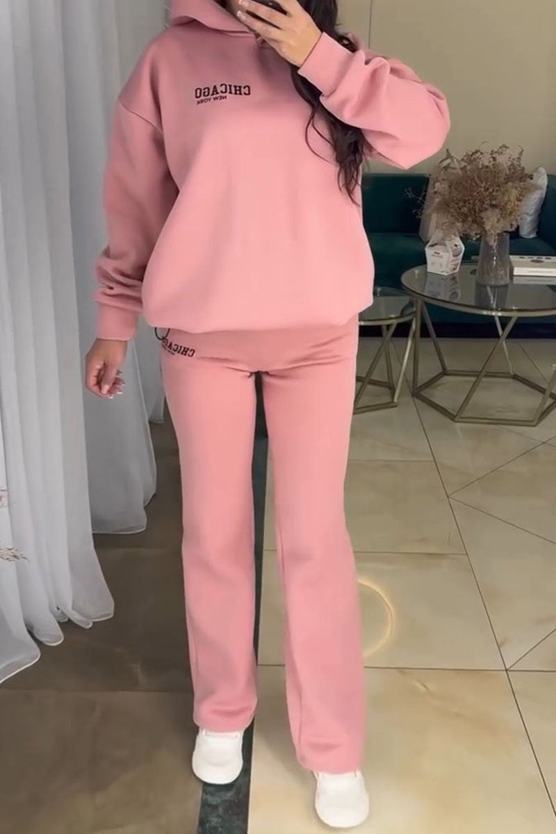 Women's Long Sleeve Hooded Sweatshirt Two Piece Set pink