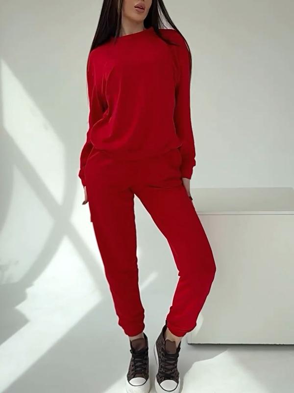 Women's Round Neck Solid Color Sports Two-piece Suit red