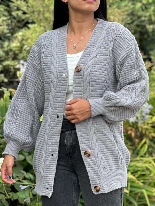 Women's V-neck Long-sleeved Knitted Cardigan grey