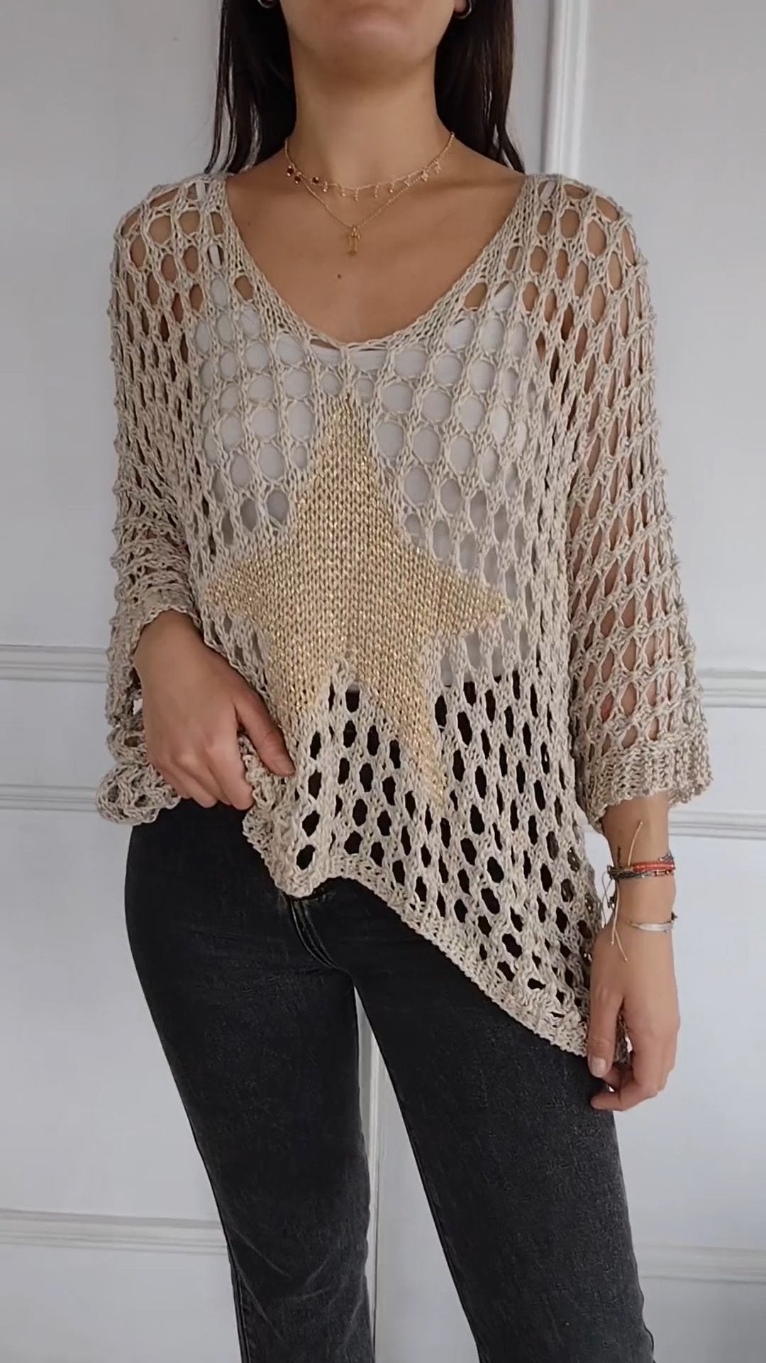 Women's V-neck Sleeve Knitted Star Print Blouse 2-piece Set beige