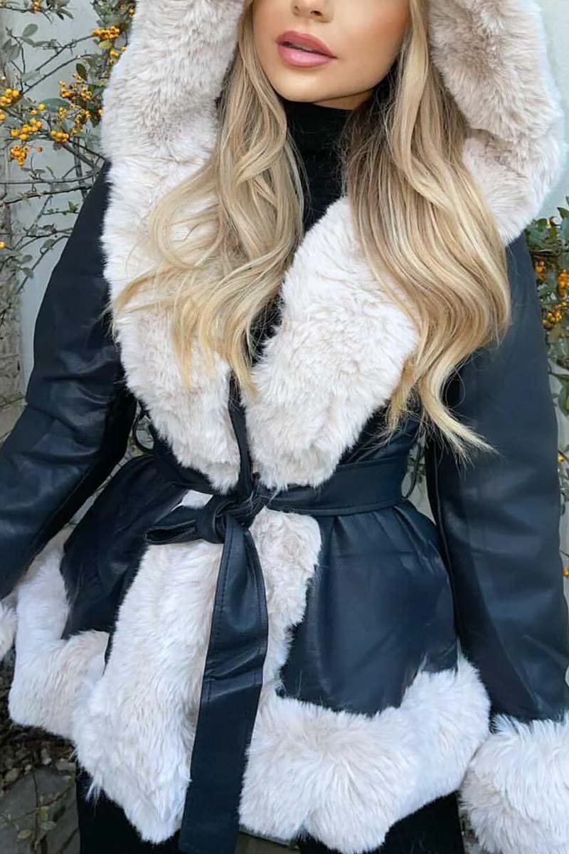 Women's fashionable hooded fur patchwork leather jacket