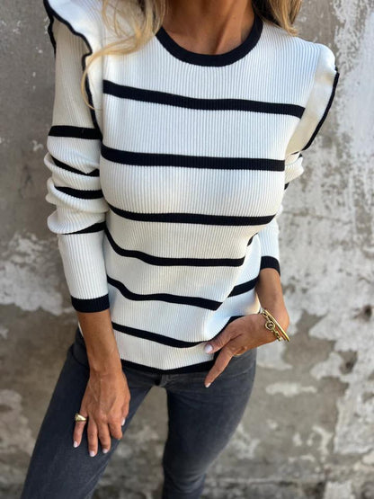 Casual Round Neck Striped Pit Top white