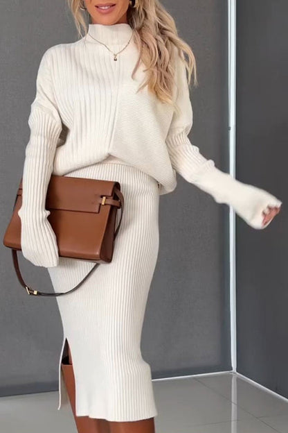 Women's Turtleneck Long Sleeve Sweater Skirt Suit white