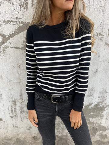 Casual Round Neck Striped Top black