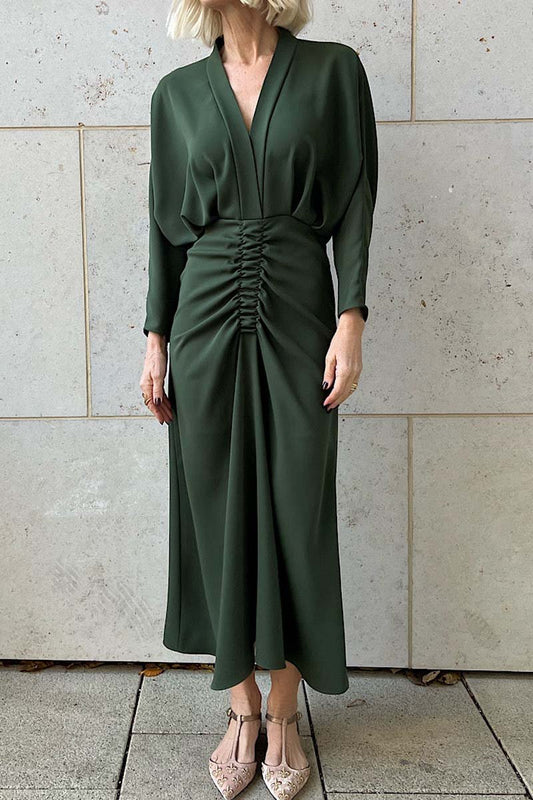 Women's Elegant Waist Smocked V-Neck Dress Green