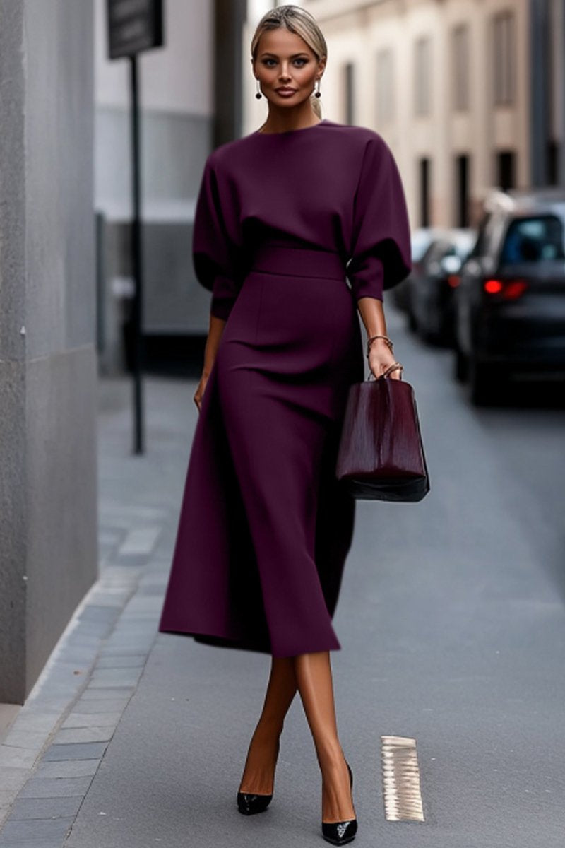 Women's Round Neck Mid-length Sleeve Elegant Commuter Dress wine-red