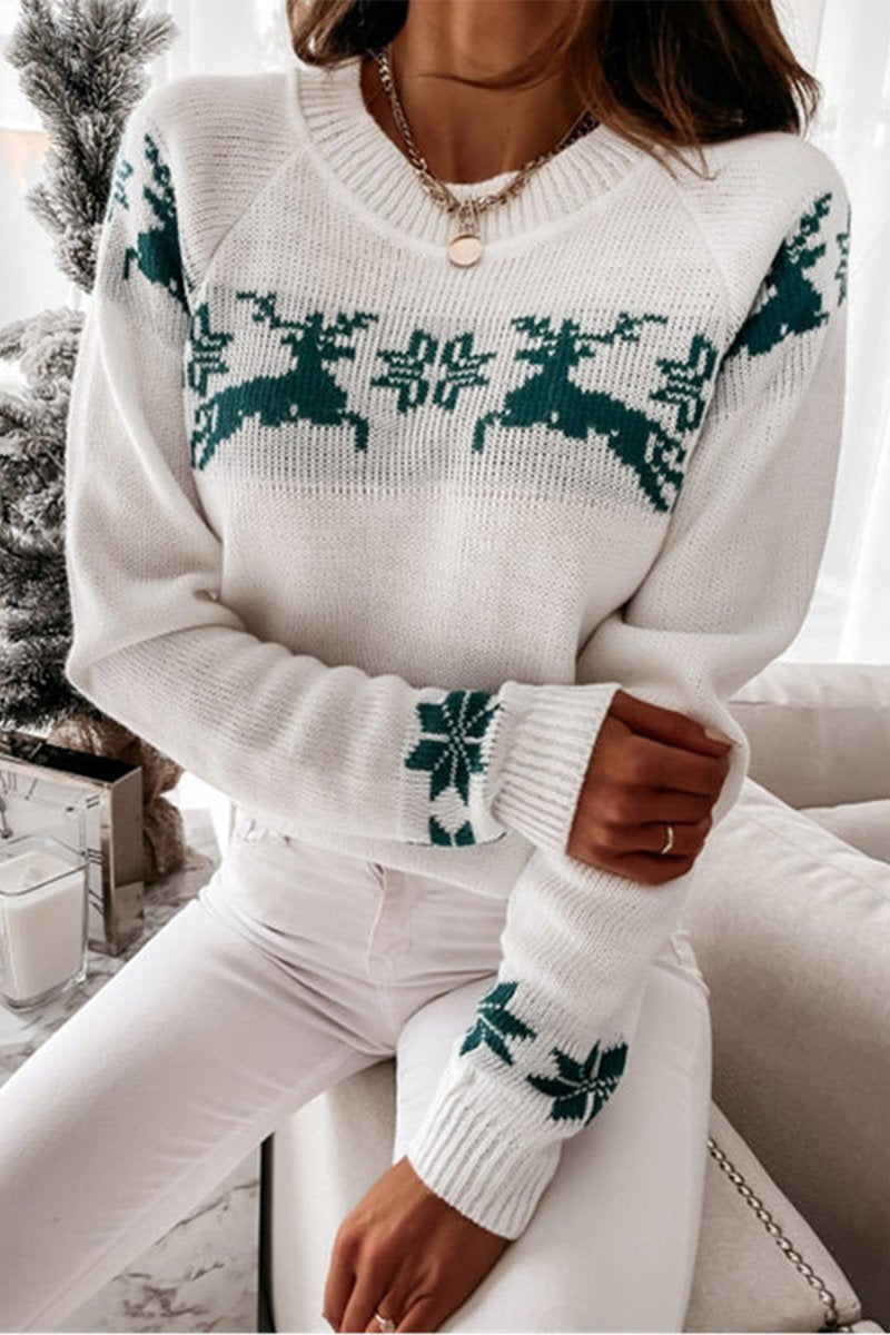 Women's Christmas Elk Jacquard Knitted Sweater green