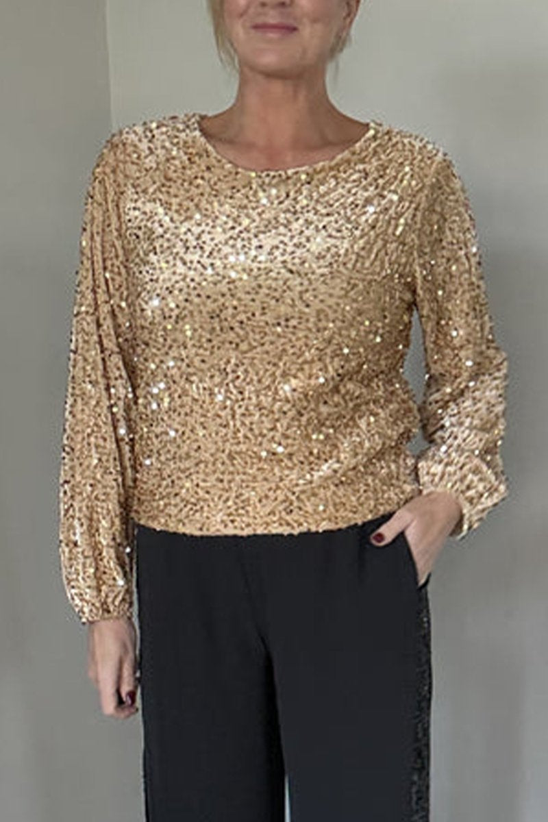 Women's Round Neck Long Sleeve Sequined Party Top gold