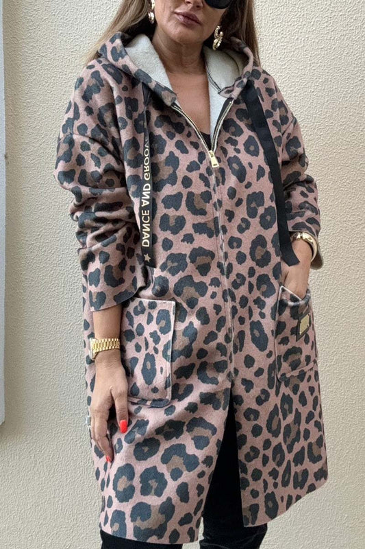 Women's Casual Loose Leopard Print Hooded Coat Pink